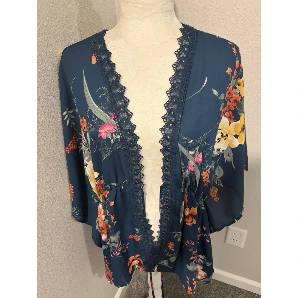 Haute Project Los Angeles Kimono Top~2XL~ Teal Crochet Trim Waist Tie Boho Chic - Picture 6 of 12
